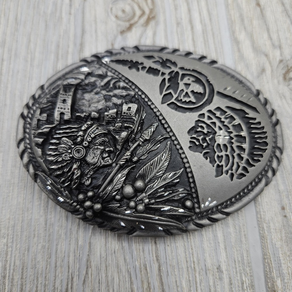 Vintage SSI Pewter Belt Buckle Diamond Cut USA Native American Chief Western